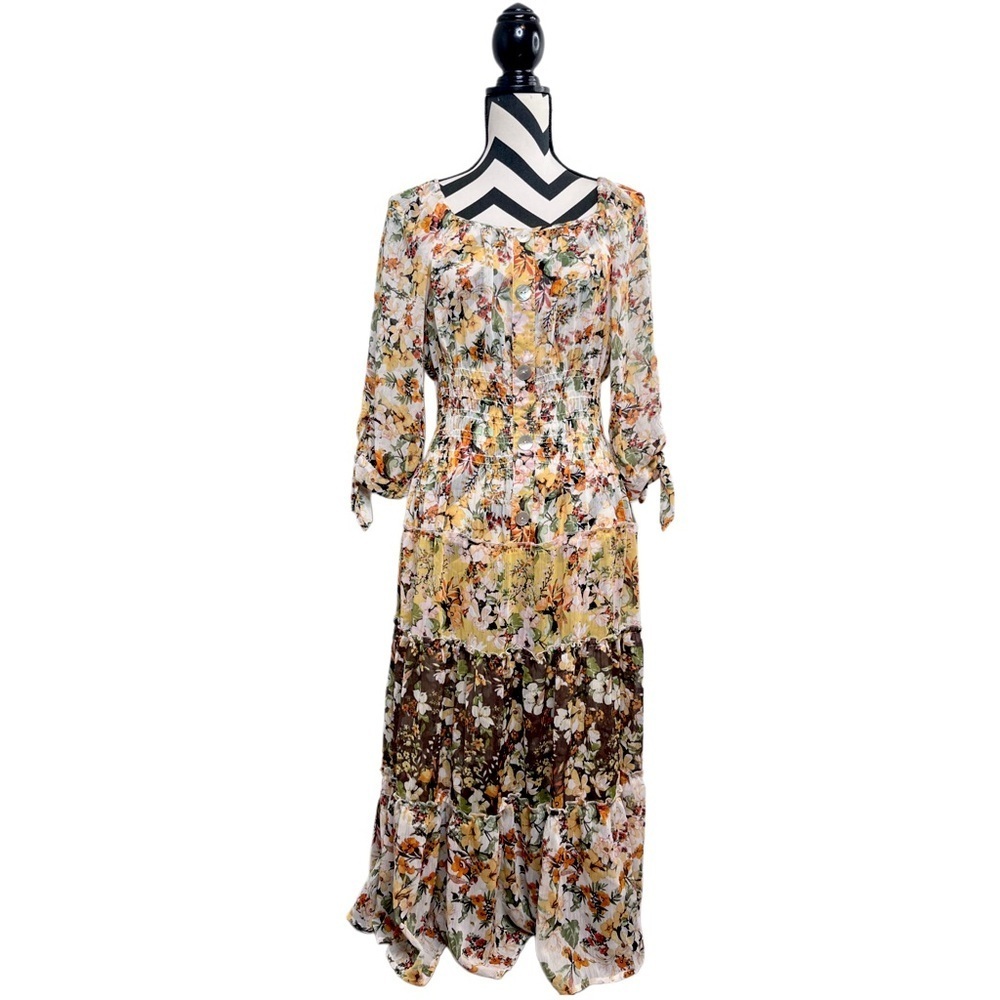 Fig & Flower Boho Floral Natural Sz M Sheer Tiered Peasant Midi Dress